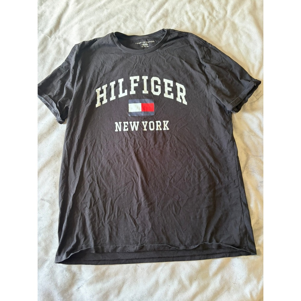 Tommy Hilfiger Mens XL Black Graphic T-Shirt Hilfiger New York Flag Logo Tee